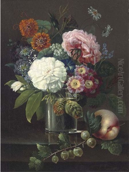 Roses, Marigolds, Daisies, Primroses And Other Summer Blooms In A Glass By A Peach And A Sprig Of Gooseberries Oil Painting by Johan Carl Smirsch