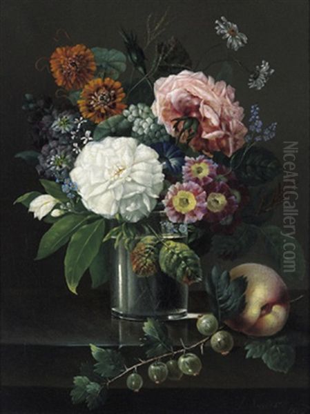 Ein Blumenstuck Mit Pfirsich Und Stachelbeeren Oil Painting by Johan Carl Smirsch