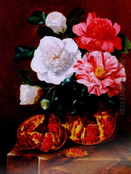 Still Life Of Flowers And A Pomegranate On A Marble Ledge Oil Painting by Johan Carl Smirsch