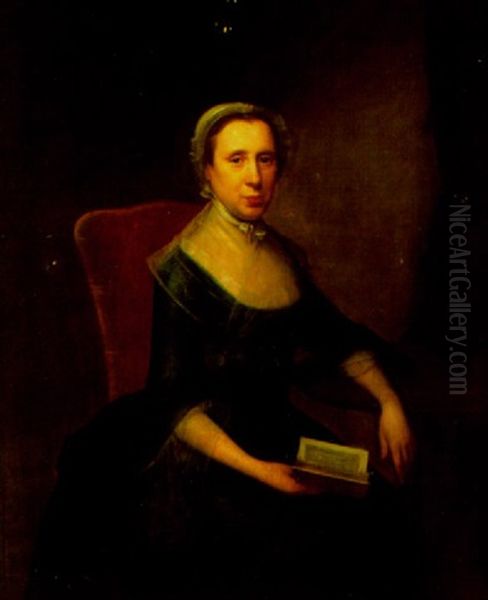 Portrait Of A Lady Seated, Wearing A Green Dress And Holding A Book In Her Right Hand Oil Painting by Dominicus Van der Smissen