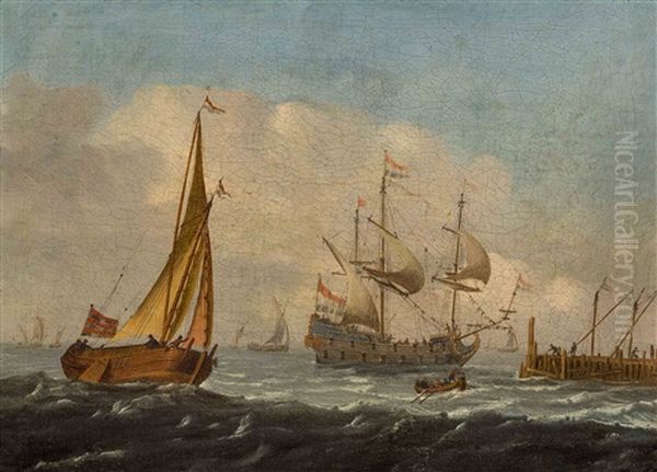 A Merchantman, A Wijdschip, And A Rowing Boat In A Breeze Near A Quay Oil Painting by Aernout (Johann Arnold) Smit