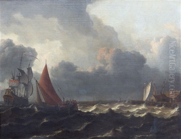 A Smalship Closed Hauled In A Stiff Breeze With A Flagship Offshore To The Left And A Jetty To The Right Oil Painting by Aernout (Johann Arnold) Smit