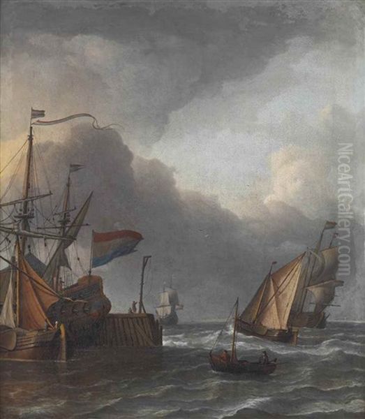 An Entrance To A Harbour With Moored Vessels At A Quay Oil Painting by Aernout (Johann Arnold) Smit