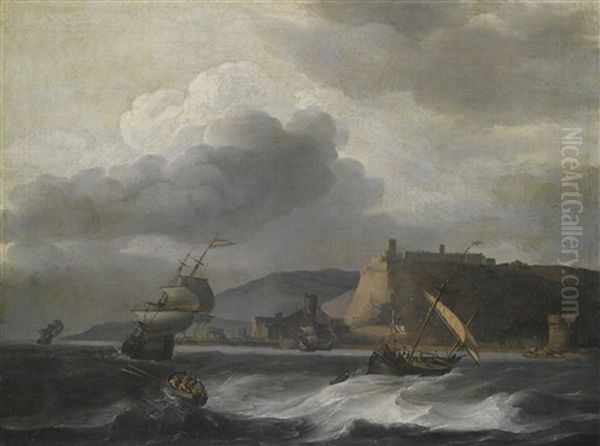 Shipping Off A Coast In Choppy Water Oil Painting by Aernout (Johann Arnold) Smit