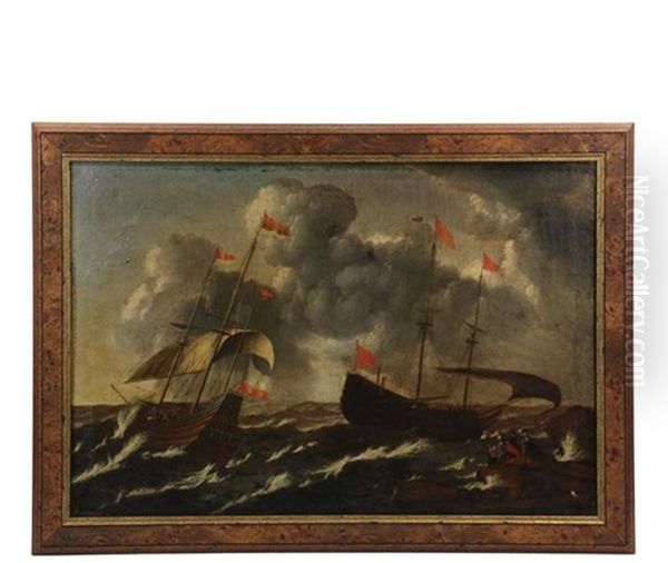 Two Ships In Distress In Coastal Storm, Three Figures On Shore Oil Painting by Aernout (Johann Arnold) Smit