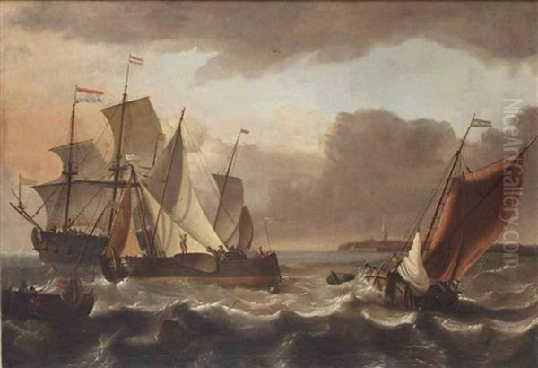 A Barge Under Sail Tacking With A Merchantman And A Pink Lowering Sails In A Stiff Breeze, A Three-master Beyond, A Town On The Shore In The Distance Oil Painting by Aernout (Johann Arnold) Smit