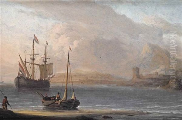 A Mediterranean Coast With A Dutch Three-master And A Fishing Boat Oil Painting by Aernout (Johann Arnold) Smit