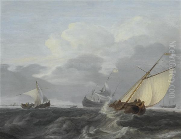 Dutch Ships In A Stiff Breeze, With A Coastline Beyond Oil Painting by Aernout (Johann Arnold) Smit