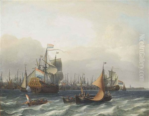 The Dutch Fleet Lying In The Harbour At Amsterdam, With The Flagship Approaching Oil Painting by Aernout (Johann Arnold) Smit