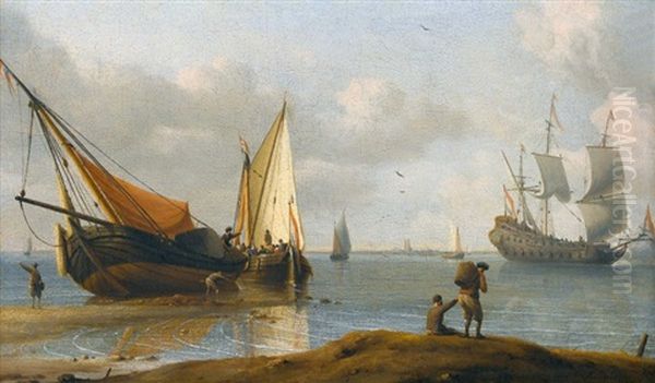 Kustenlandschaft Mit Segelschiffen Und Staffage Oil Painting by Aernout (Johann Arnold) Smit