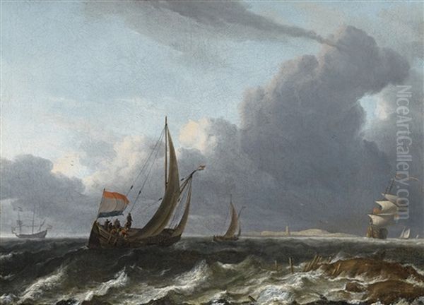 Dutch Sailing Boats On Stormy Sea Oil Painting by Aernout (Johann Arnold) Smit