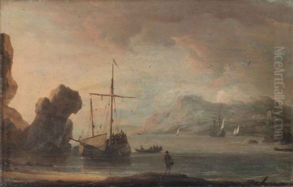 Ships In A Quiet Estuary by Aernout (Johann Arnold) Smit