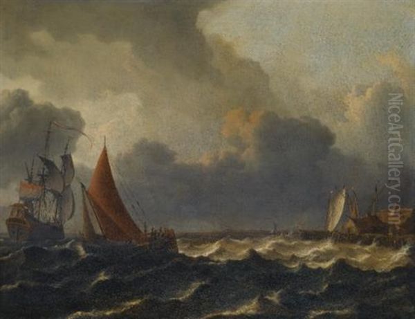 A Smalschip Closed Hauled In A Stiff Breeze With A Flagship Offshore To The Left And A Jetty To The Right Oil Painting by Aernout (Johann Arnold) Smit