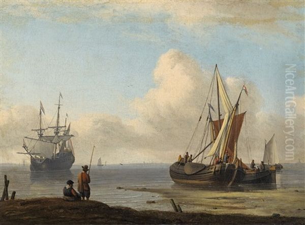 Kustenlandschaft Mit Segelschiff Und Booten Oil Painting by Aernout (Johann Arnold) Smit