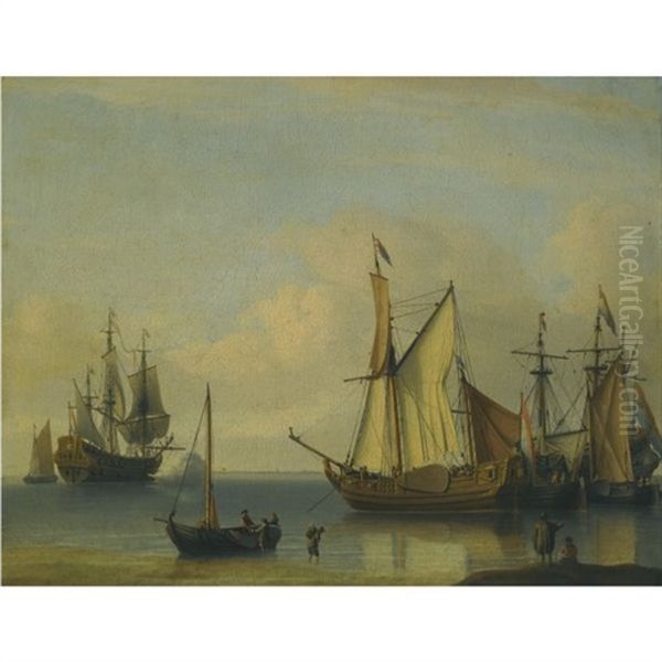 Dutch Vessels Anchored Close To The Shore In A Calm Oil Painting by Aernout (Johann Arnold) Smit