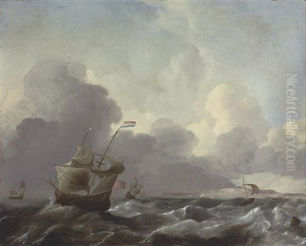 Dutch Man-of-war In Stormy Waters Oil Painting by Aernout (Johann Arnold) Smit