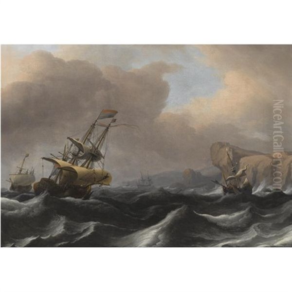 A Dutch Frigate And Other Shipping In Stormy Seas Along A Rocky Coastline Oil Painting by Aernout (Johann Arnold) Smit