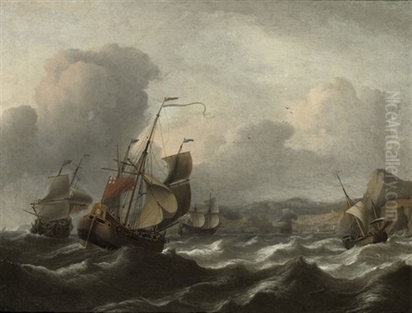 Shipping In Choppy Waters Before A Hilly Mediterranean Coast Oil Painting by Aernout (Johann Arnold) Smit