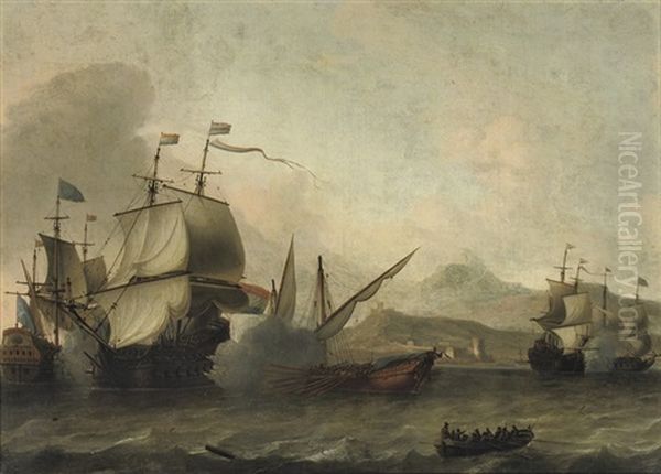 A Naval Engagement, Said To Be The Battle Of Agosta, 22 April 1676 Oil Painting by Aernout (Johann Arnold) Smit