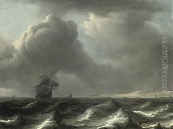 A Wijdschip In Choppy Waters, Other Vessels Beyond Oil Painting by Aernout (Johann Arnold) Smit