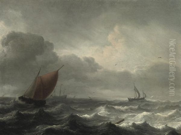 A Three-master In Choppy Waters, A Coast Beyond Oil Painting by Aernout (Johann Arnold) Smit