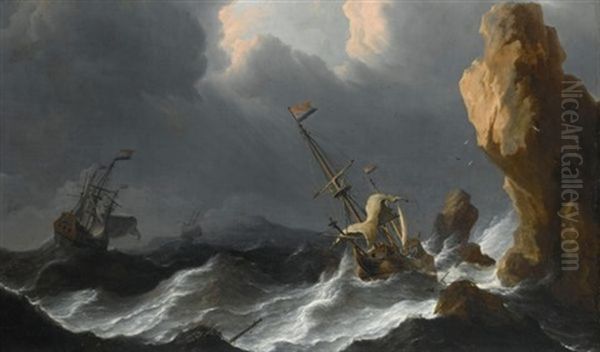 A Shipwreck In A Heavy Storm Along A Rocky Coast Oil Painting by Aernout (Johann Arnold) Smit