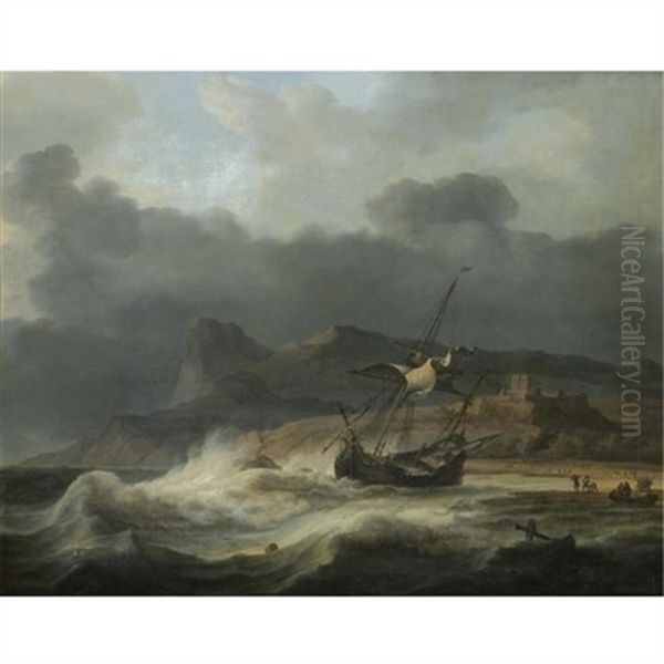 A Mountainous Coastal Landscape With A Ship Beached In A Storm, Figures Gathering Cargo To The Right Oil Painting by Aernout (Johann Arnold) Smit