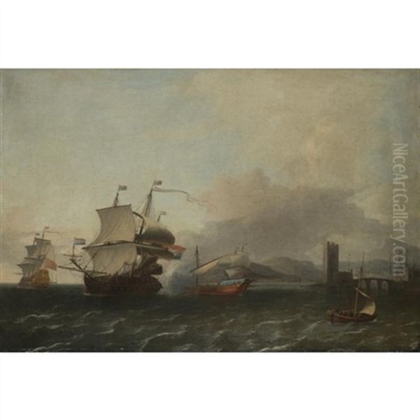 Dutch And English Shipping Off A Mediterranean Coast, With A Man-o-war Firing A Salute To A State Barge Oil Painting by Aernout (Johann Arnold) Smit