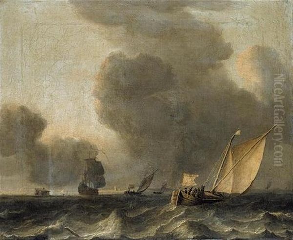 Two Dutch Smalships And A Man-o-war Off The Coast In Stormy Weather Oil Painting by Aernout (Johann Arnold) Smit