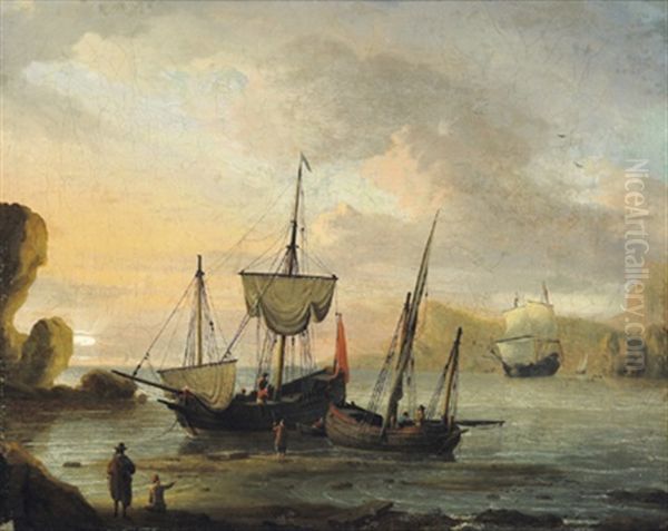 Zwei Frachtboote Und Ein Dreimaster Vor Einer Felsigen Kuste Mit Figuren Oil Painting by Aernout (Johann Arnold) Smit