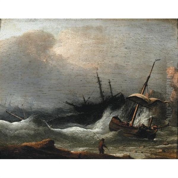 Shipping Offshore In Rough Seas Oil Painting by Aernout (Johann Arnold) Smit