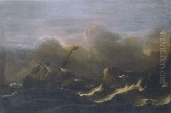 A Three-master In A Gale Off A Rocky Coast Oil Painting by Aernout (Johann Arnold) Smit