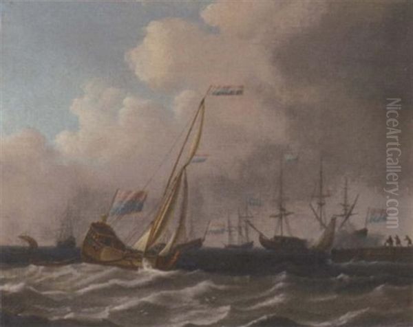 A Dutch Admiralty Yacht Runnign Into Port With A Warship Saluting Off A Bay Oil Painting by Aernout (Johann Arnold) Smit