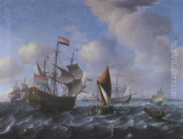 A Man-o'-war (het Wapen Van Utrecht?), A Wijdschip And A Spiegelsloep In A Stiff Breeze Oil Painting by Aernout (Johann Arnold) Smit