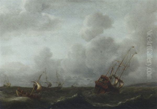 A Frigate And Other Shipping In A Stiff Breeze Oil Painting by Aernout (Johann Arnold) Smit