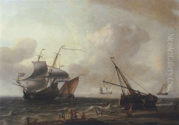 Sailing Ships Off The Coast With A Two Master Making Way, Fishermen On The Beach In The Foreground Oil Painting by Aernout (Johann Arnold) Smit