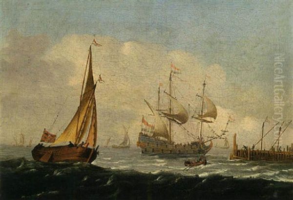 A Merchantman, A Wijdschip And A Bowing Boat In A Breeze Near A Quay Oil Painting by Aernout (Johann Arnold) Smit