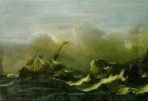 A Threemaster In A Gale Off A Rocky Coast Oil Painting by Aernout (Johann Arnold) Smit