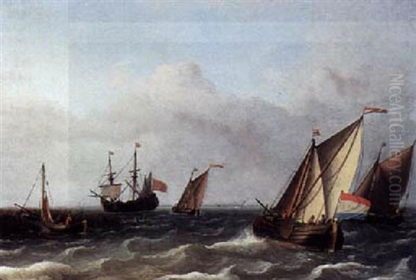 Dutch Smalschips In Choppy Water, With A Large Flute In The Distance And A Sailing Vessel Moored At A Jetty To The Left Oil Painting by Aernout (Johann Arnold) Smit