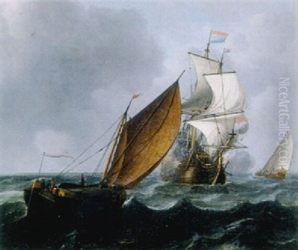 A Wijdschip Running Before The Wind While A Merchantman Fires A Salute, In A Stiff Breeze Oil Painting by Aernout (Johann Arnold) Smit