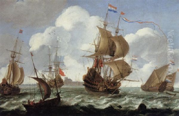 A Shipping Scene With Dutch Frigates On Choppy Seas Oil Painting by Aernout (Johann Arnold) Smit