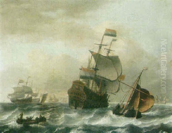 A Dutch Man-o-war, A Sailing Barge And Figures In A Small Boat In A Choppy Sea Oil Painting by Aernout (Johann Arnold) Smit