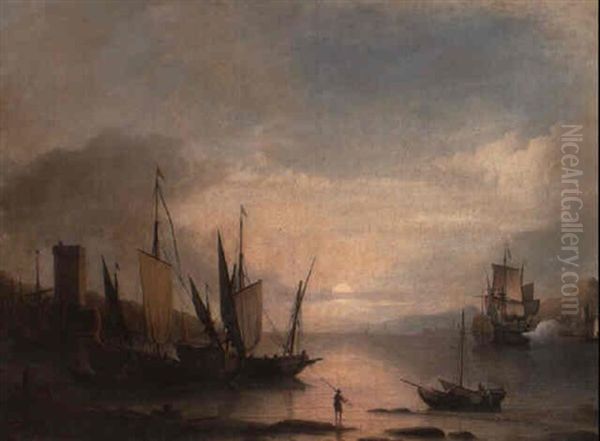 A Mediterranean Harbour At Sunset With A Man-o-war Firing A Salute Oil Painting by Aernout (Johann Arnold) Smit