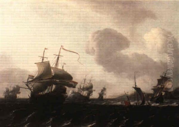 Dutch Men-o'-war, Including A Flagship Firing A Salute Oil Painting by Aernout (Johann Arnold) Smit