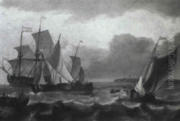 An Aak Tacking In A Stiff Breeze, With A Wijdschip And Pink Lowering Sails Oil Painting by Aernout (Johann Arnold) Smit