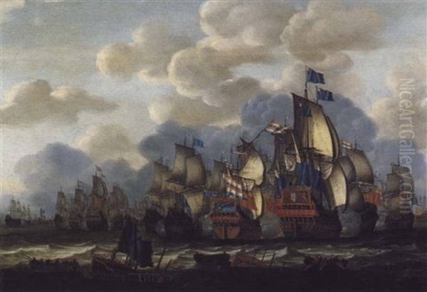 Combat Naval Entre Une Escadre De La Marine Royale Anglaise Et Une Escadre Des Pays-bas Oil Painting by Aernout (Johann Arnold) Smit