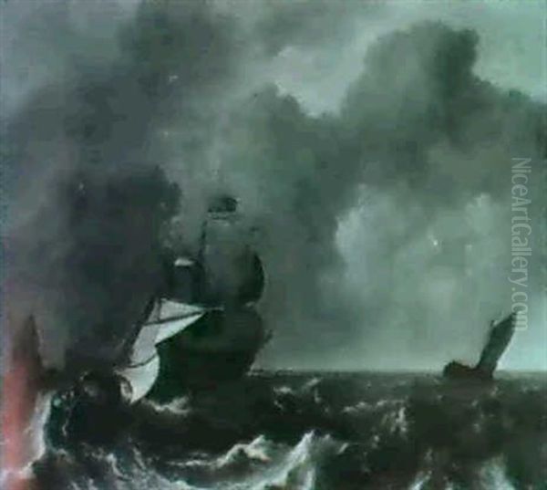 A Wijdschip Going About As It Approaches A Three-master In  Stormy Weather, Other Shippingnearby. Oil Painting by Aernout (Johann Arnold) Smit