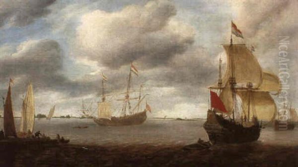 Dutch Shipping In An Estuary With Figures On A Jetty Oil Painting by Jan Borritsz Smit