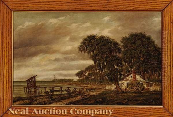 Louisiana Landscape With Cabin, Pier And Sailboat Oil Painting by Marshall Joseph Smith Jr.