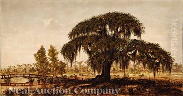 Louisiana Landscape With Live Oak And Men Crossing A Footbridge Oil Painting by Marshall Joseph Smith Jr.